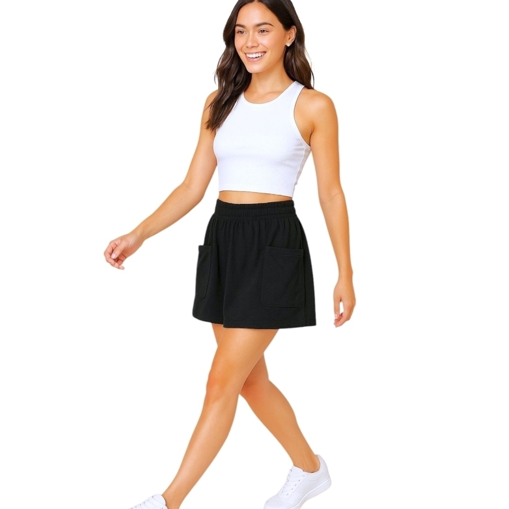 Black Mini Skirt M Cotton Blend A-Line Casual Elastic Waist Pockets Granola Girl